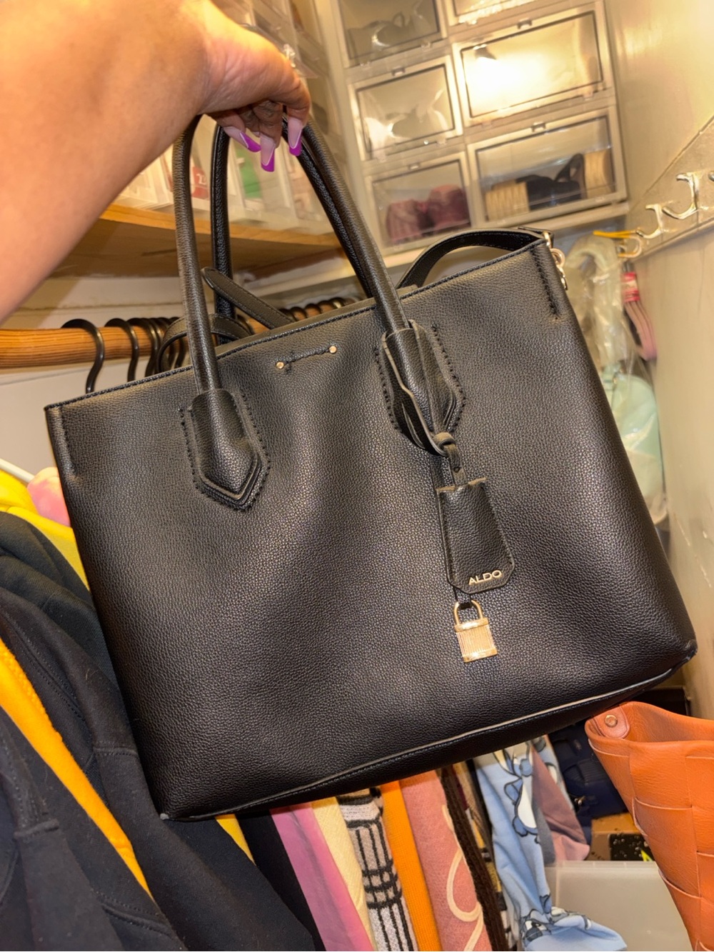 ALDO Black Pebbled Satchel with Lock Charm